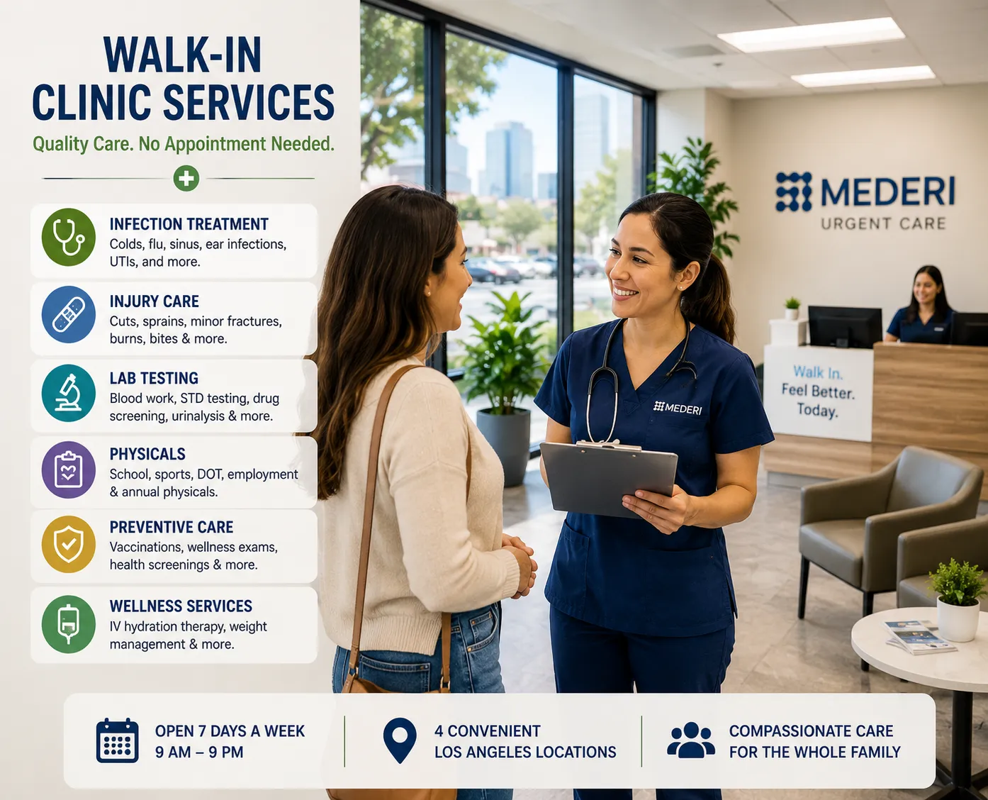 Female doctor assisting a patient inside a modern Mederi Urgent Care clinic lobby with bright natural lighting, clean beige interiors, indoor plants, and welcoming walk-in healthcare environment in Los Angeles.