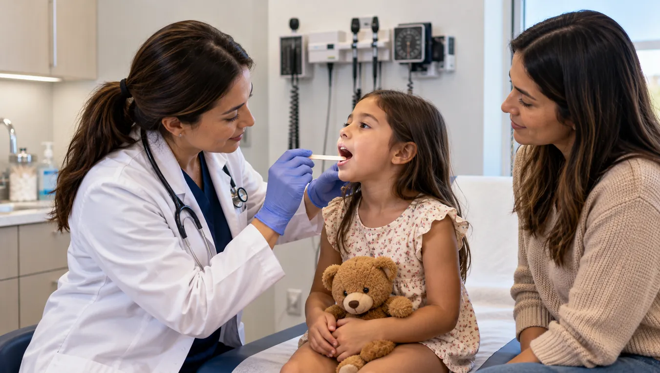 Pediatric urgent care doctor examining a young girl’s throat while her mother sits beside her during a clinic visit.