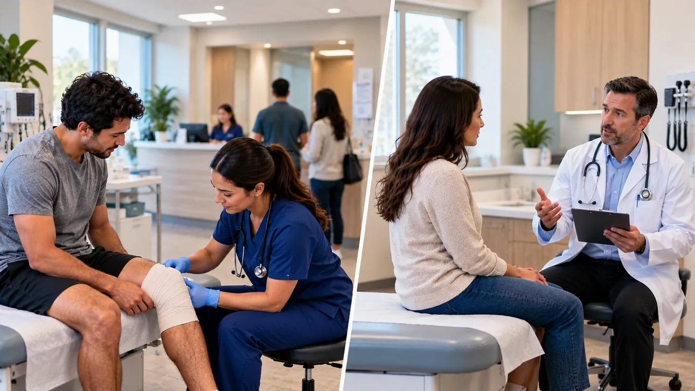 Nurse treating a patient's knee injury beside a doctor consulting with a patient during a routine clinic visit.
