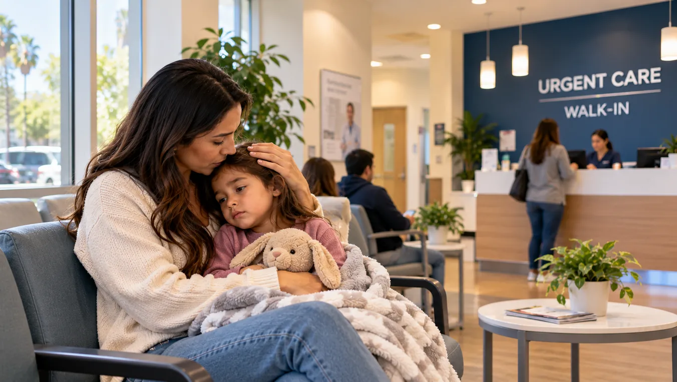 Mother comforting her child in the waiting room of a walk-in urgent care clinic.