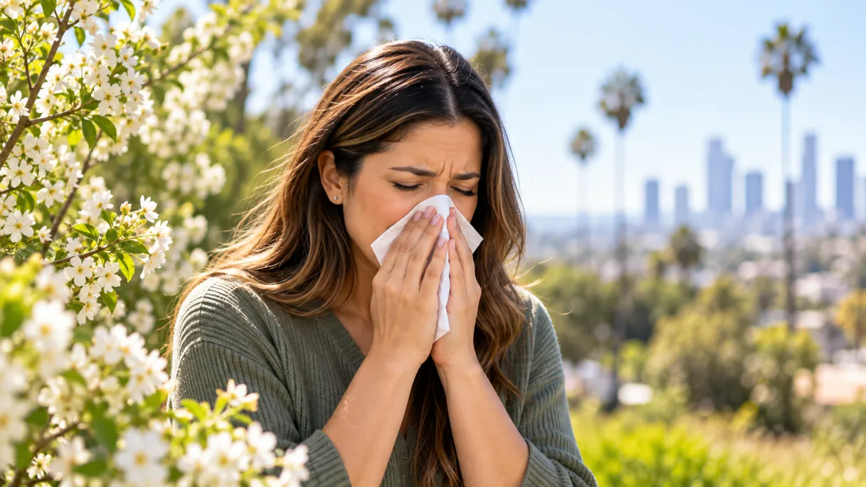 Woman experiencing seasonal allergy symptoms with sneezing and a runny nose