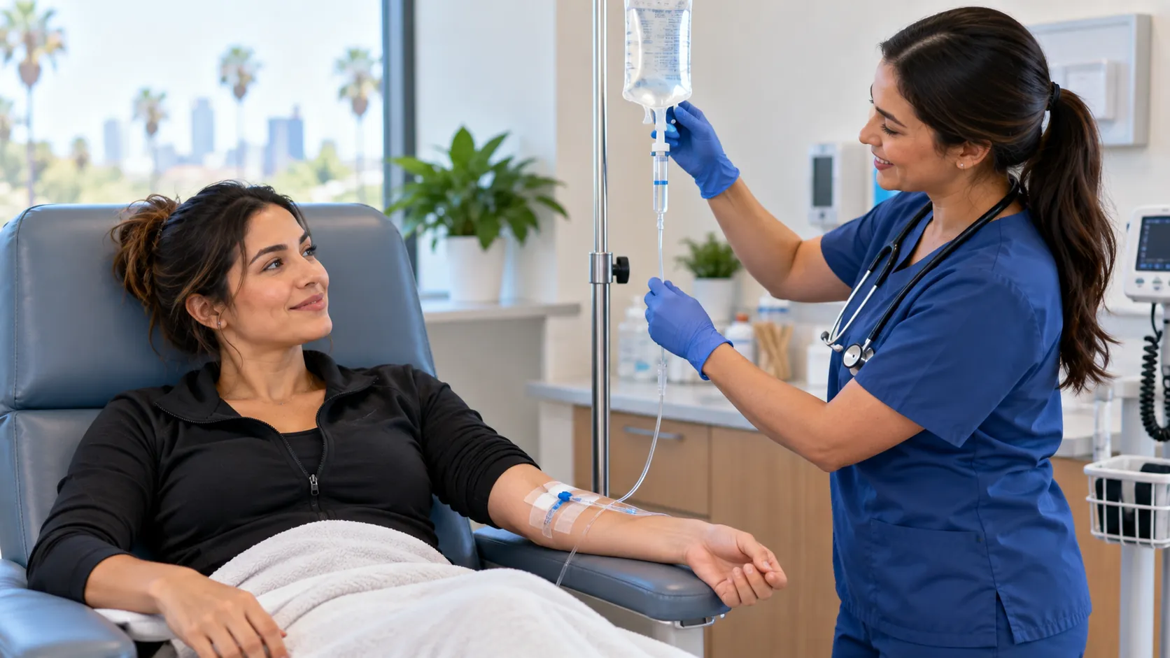 Patient receiving IV fluids for dehydration treatment at a medical clinic