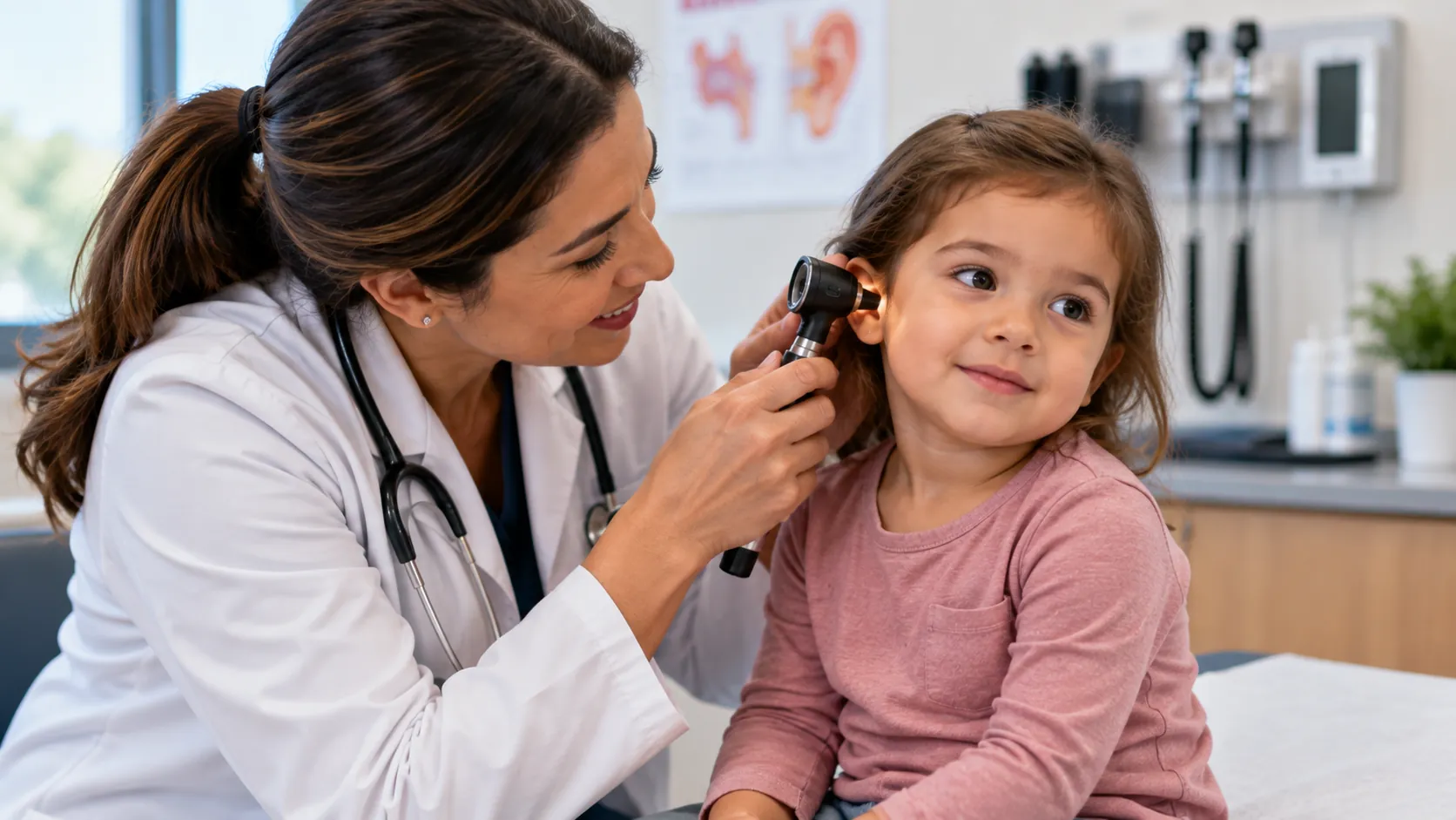Doctor examining a child for an ear infection using an otoscope