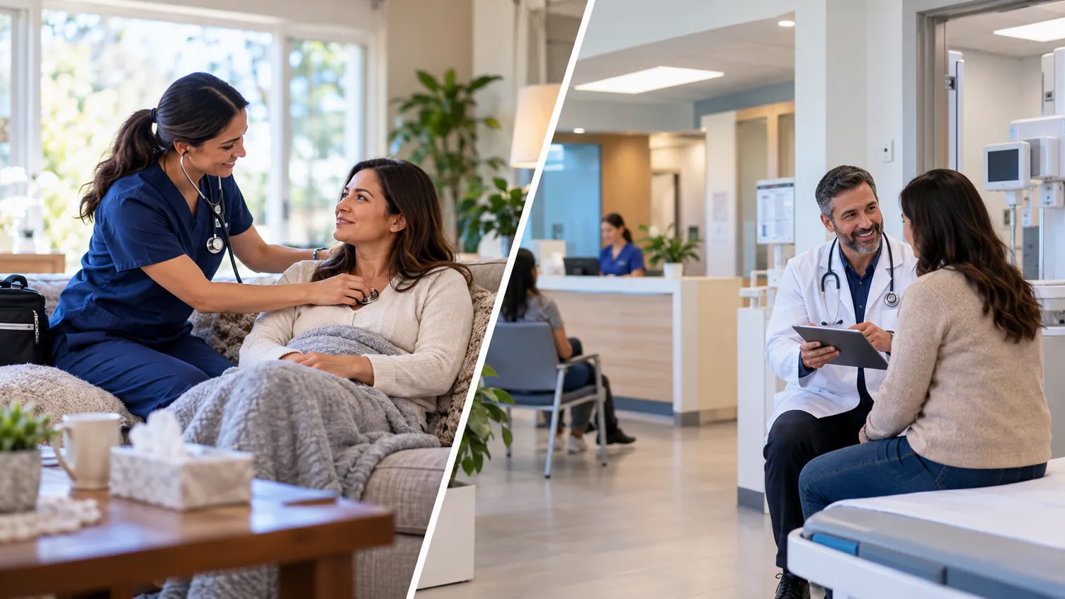 In-home urgent care nurse examining a patient at home alongside a doctor consulting with a patient at a walk-in urgent care clinic.