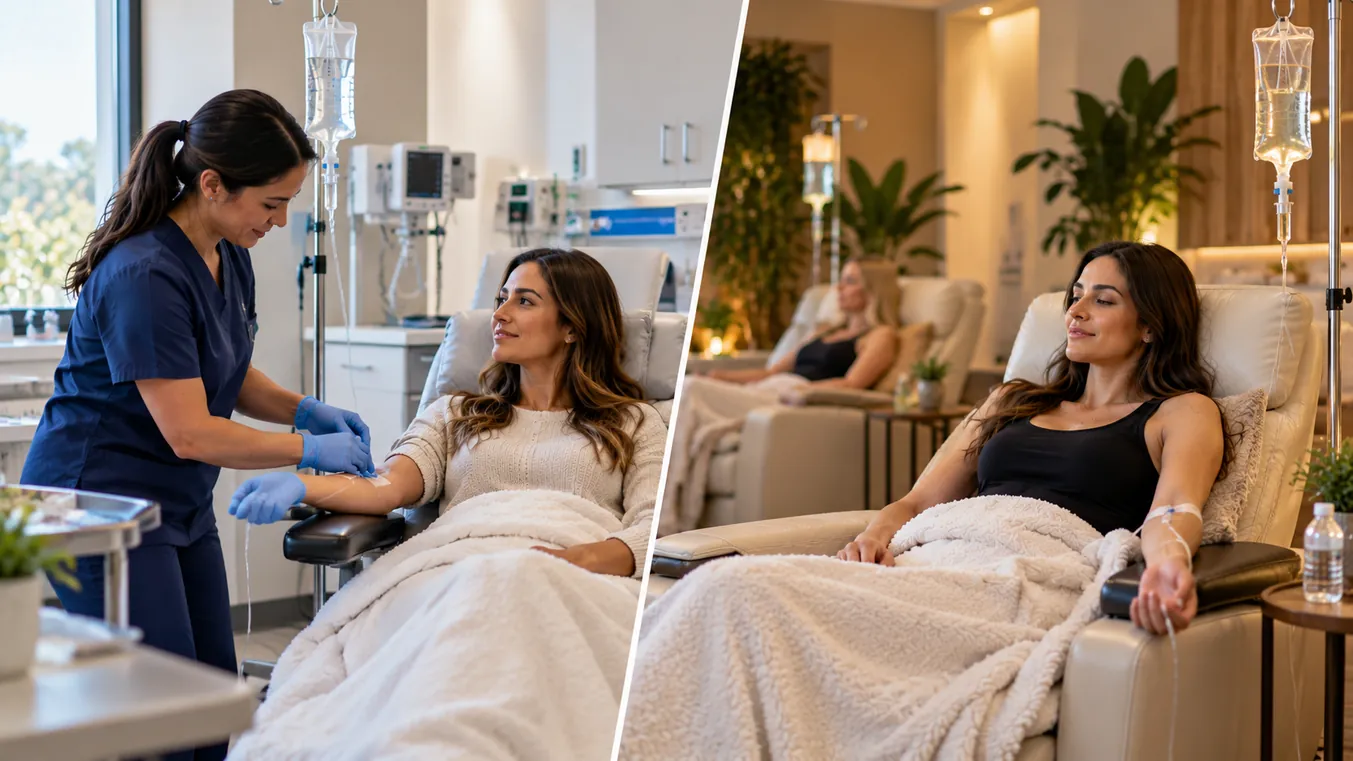 IV hydration therapy comparison showing a nurse administering an IV drip to a patient in a medical clinic and a woman receiving an infusion in a wellness spa.