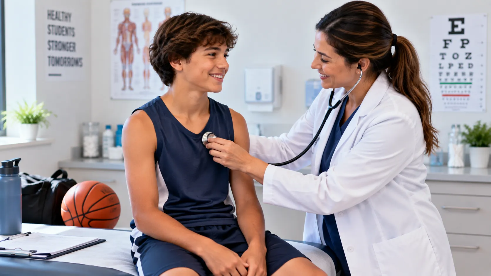 Doctor performing a sports physical examination on a teenage athlete