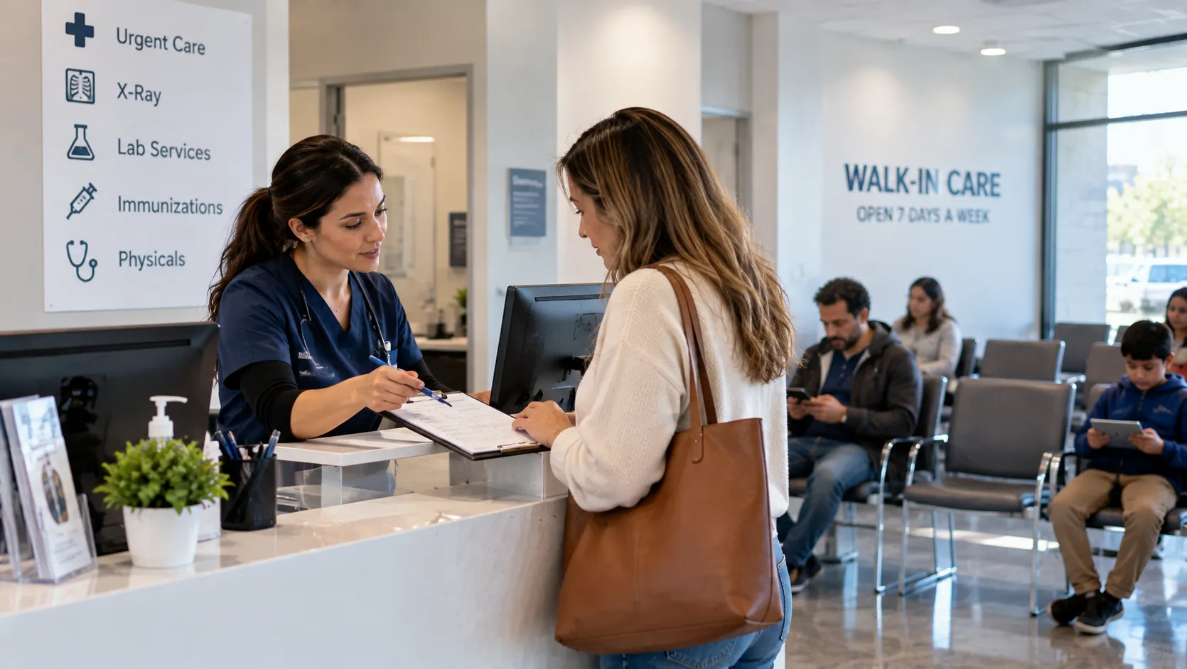 Walk-in clinic receptionist assisting a patient with check-in while other patients wait in the lobby of a modern urgent care clinic in Los Angeles.